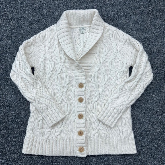 L.L. Bean Sweaters - LL Bean Women XS Cream Cable Knit Wool Blend Shawl Collar Fisherman Cardigan